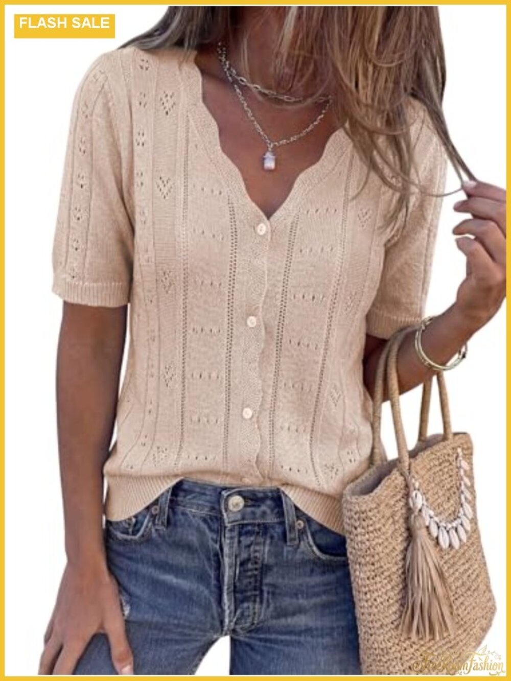 Womens Short Sleeve Crochet Knit Button Down Lightweight Cardigan Sweater